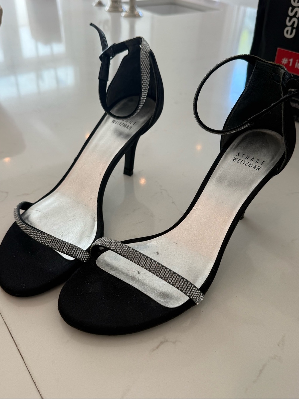 Stuart Weitzman Black Satin Ankle-Strap Heels with Rhinestone Band